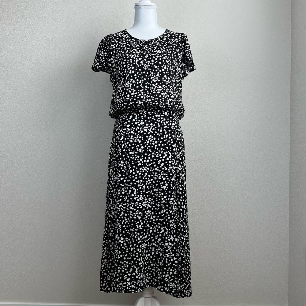 Banana Republic Abstract Polka Dot Black & White Midi Flutter Dress Size M